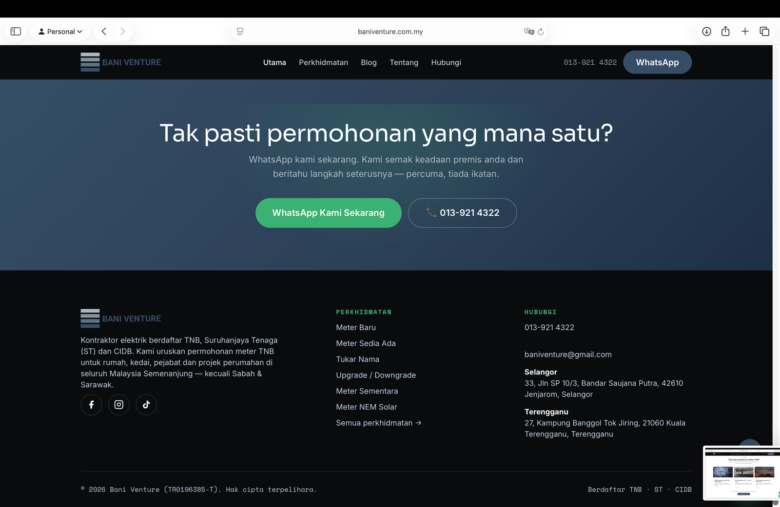 Bani Venture contact and CTA
